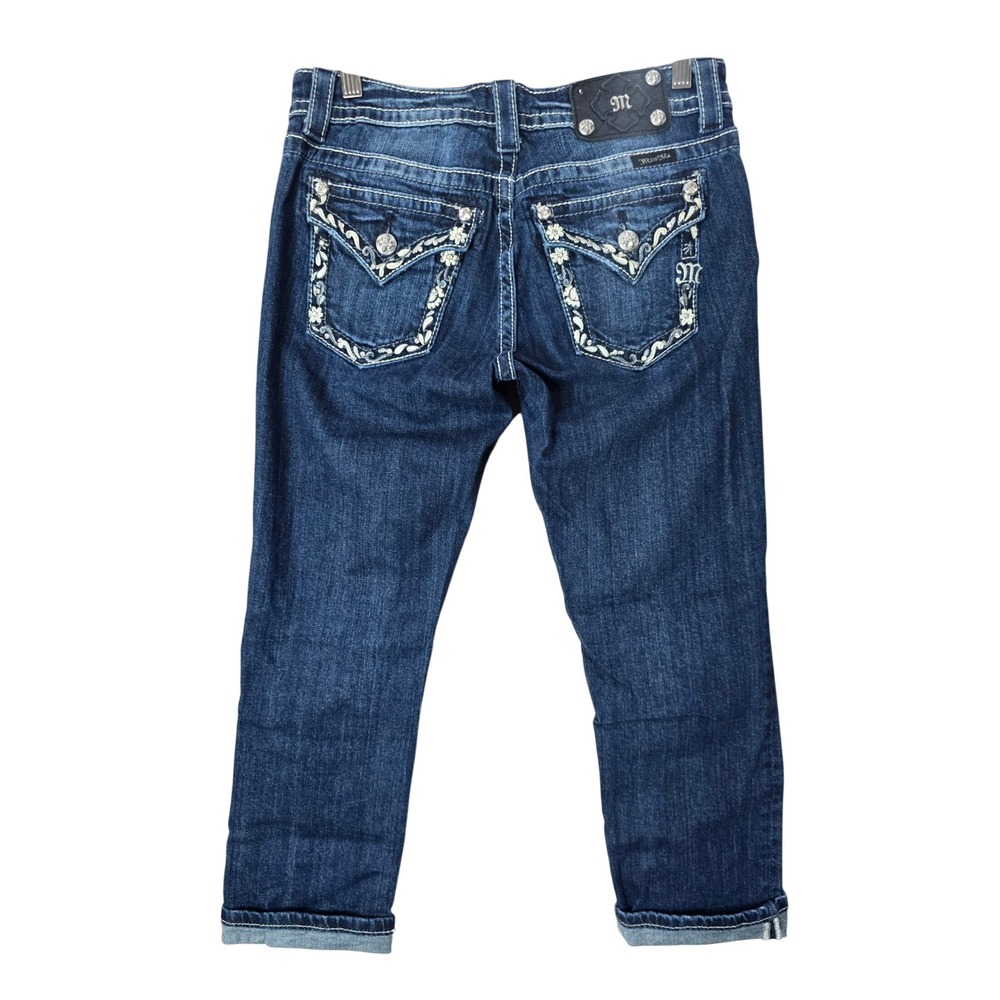 Miss Me Boyfriend Capri Jeans 26 Blue Embroidered Rhinestone Flap Pocket Y2K
